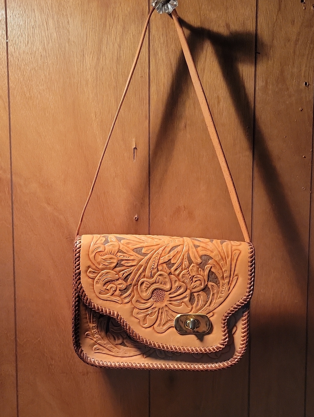 Hand Tooled Floral Shoulder  Leather  Bag in Tan